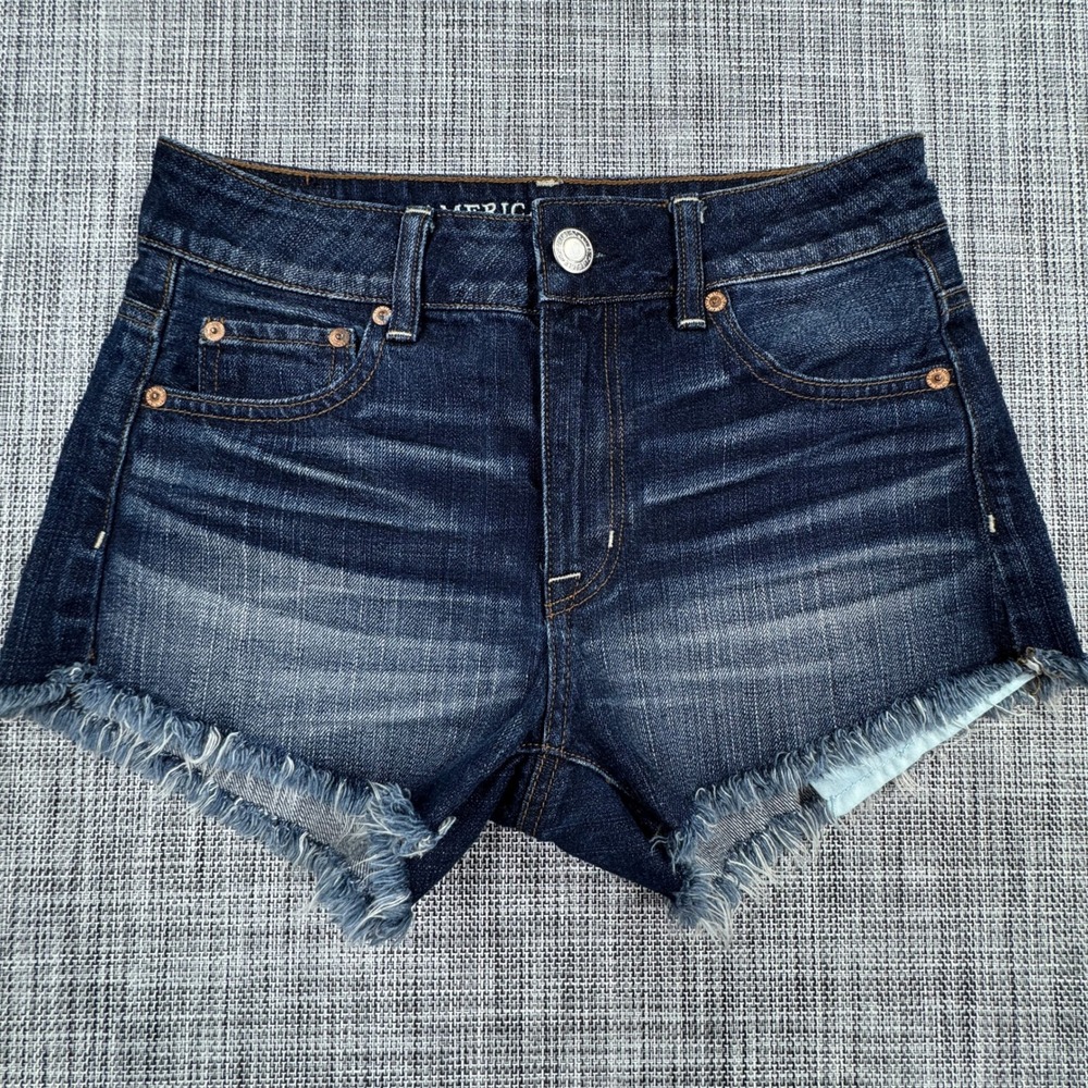 American Eagle Womens 0 Hi Rise Festival Dark Blue Cotton Cutoff Shorts Frayed